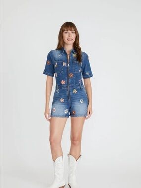 DRIFTWOOD Denim Romper with Multicolor Floral Embroidery
